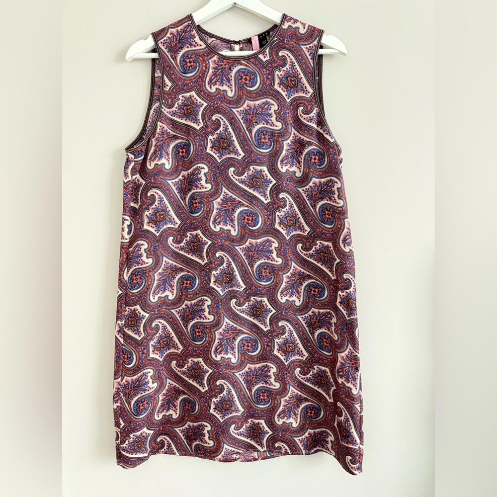 Theory Brindina Veranda Paisley Silk Shift Dress Leather Trim 10